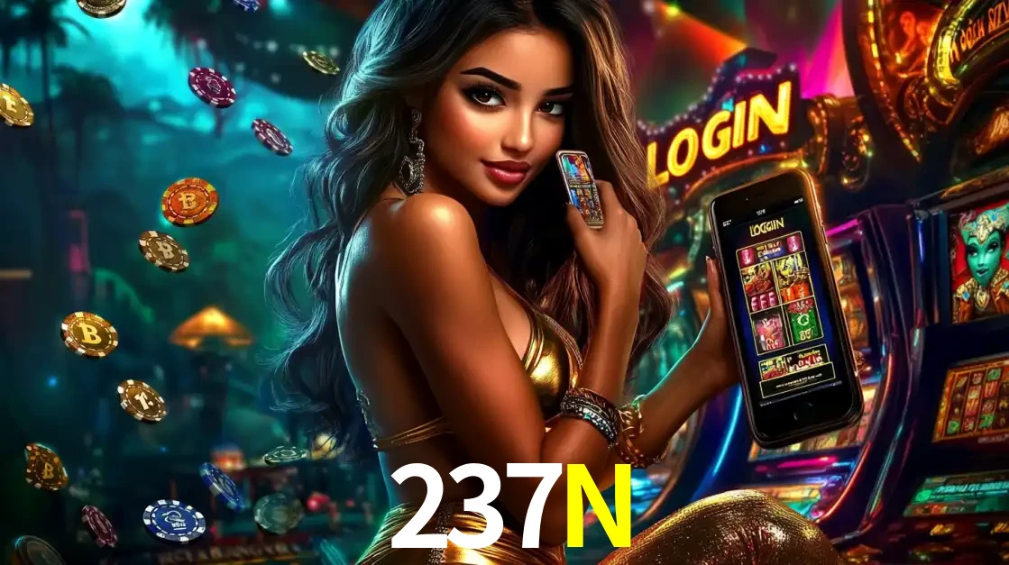Mulher em um cenário de cassino temático de aventura, mostrando o app de caça-níqueis da 237N no celular. Fichas de apostas flutuam ao redor.